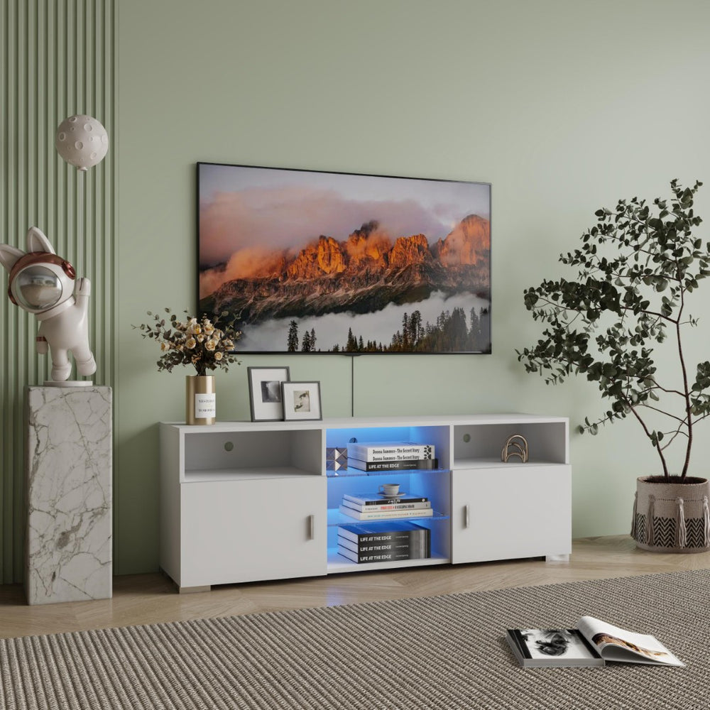 English Elm Tv Stand with Rgb Led Lighting Matte White Media Console Glass Shelves Gaming Room W2301P143103