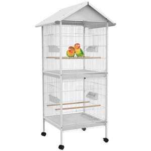 English Elm Pawhut Wrought Iron Flight Bird Cage with Stand Perches Wheels White 67 Inch W2225P166374