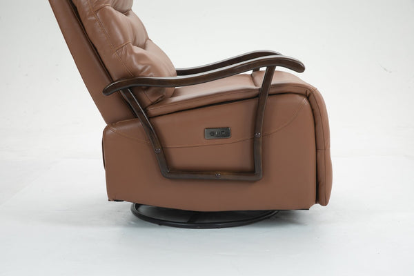 English Elm Swivel Power Recliner with Wood Armrests Faux Leather Lounge Chair for Living Room W547P147307