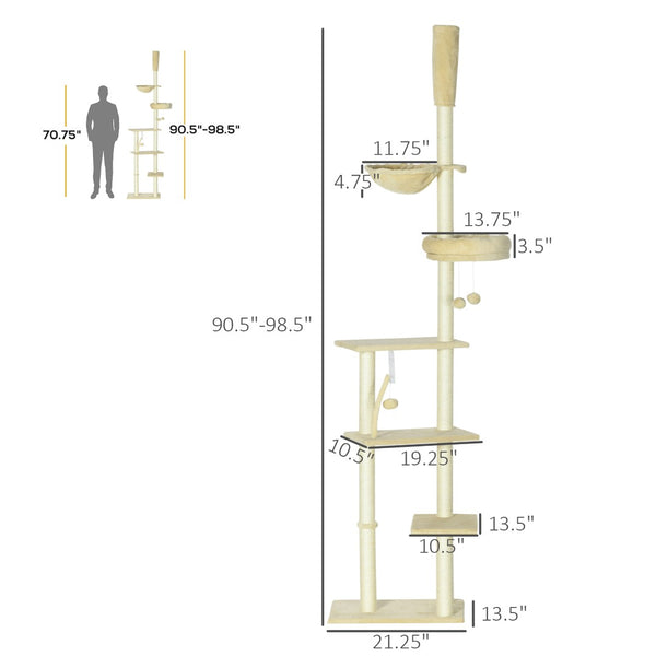 English Elm Pawhut Floor to Ceiling Adjustable Cat Tower with Sisal Posts Hammock and Plush Bed W2225P166369