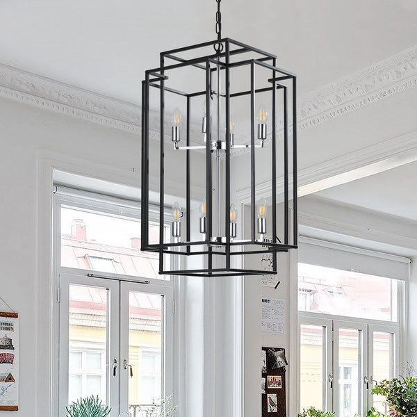 English Elm NEW Black Geometric Foyer Chandelier with Chromium Base, Adjustable 60" Boom for High Ceilings (30.3x18.5) W1340142525