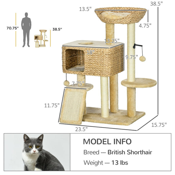 English Elm Pawhut Floor to Ceiling Cat Tower with Sisal Posts Hammock Perch and Hanging Toy W2225P166365