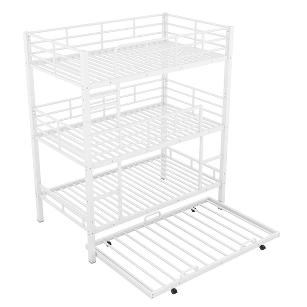 English Elm Metal Triple Twin Bunk Bed with Trundle White – Heavy-Duty Steel Frame, Space-Saving, Guardrails, 78.7"H Antique White GX000647AAK