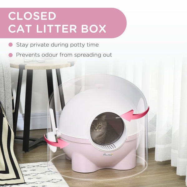 English Elm Pawhut Large Hooded Cat Litter Box With Scoop, Odor Control, Sand-Draining Door, Light Pink Design W2225P166350-GIGA