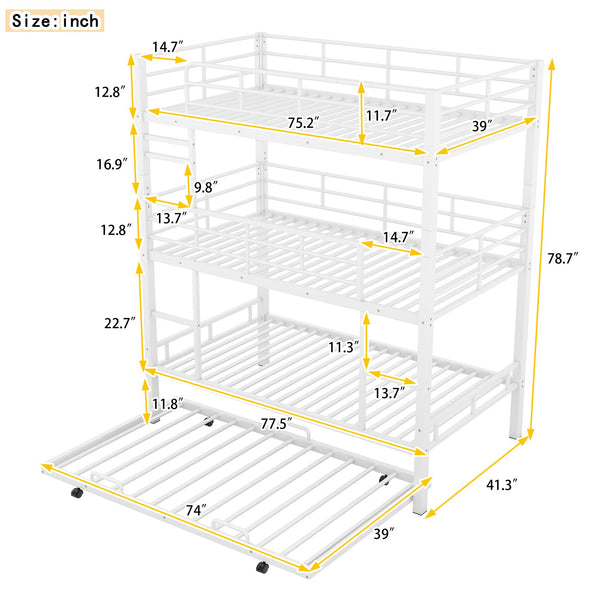 English Elm Metal Triple Twin Bunk Bed with Trundle White – Heavy-Duty Steel Frame, Space-Saving, Guardrails, 78.7"H Antique White GX000647AAK