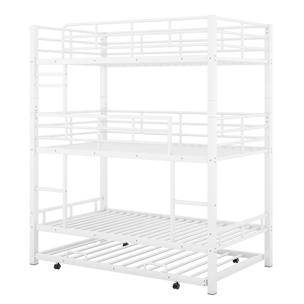 English Elm Metal Triple Twin Bunk Bed with Trundle White – Heavy-Duty Steel Frame, Space-Saving, Guardrails, 78.7"H Antique White GX000647AAK