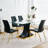 Hearth and Haven Modern Simple Table and Chair Set, One Table and Four Chairs. Transparent Tempered Glass Table Top, Solid Base. Gold Plated Metal Chair Legs (Set Of 5) W210S00085