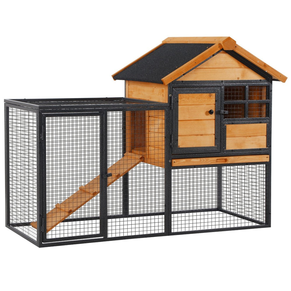 English Elm Pawhut Two Level Fir Wood Outdoor Rabbit Hutch with Weatherproof Roof and Removable Tray W2225P166396