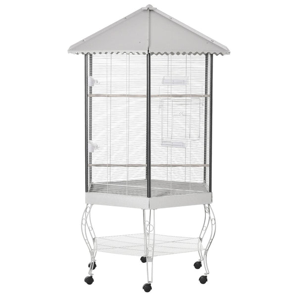 English Elm Pawhut 77 Inch Hexagonal Flight Aviary Iron Cage Rolling Stand Storage Shelf W2225P166447