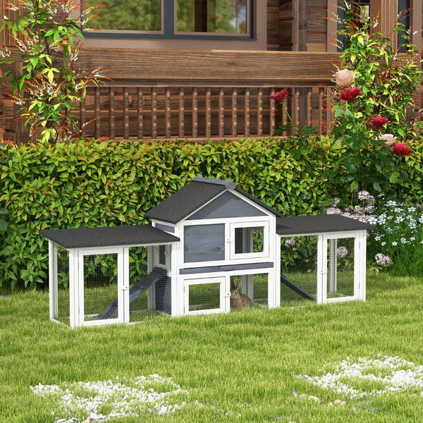 English Elm Pawhut Fir Wood Rabbit and Guinea Pig Hutch with Dual Runs Weatherproof Asphalt Roof W2225P166386