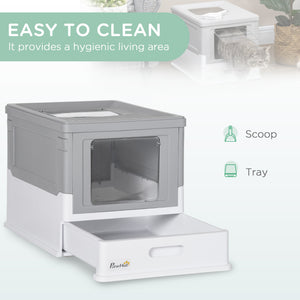 English Elm PawHut Enclosed Cat Litter Box with Scoop, Odor-Blocking Hooded Pet Toilet, Top Entry & Slide Tray Gray W2225P166349