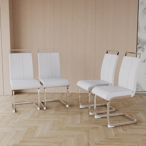 English Elm 63 Inch Cream Mdf Dining Set with Pu Chairs and Silver Metal Bases Seats Four W2189S00904