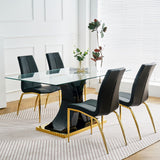 Hearth and Haven Modern Simple Table and Chair Set, One Table and Four Chairs. Transparent Tempered Glass Table Top, Solid Base. Gold Plated Metal Chair Legs (Set Of 5) W210S00085