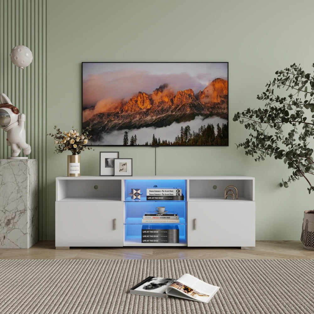 English Elm Tv Stand with Rgb Led Lighting Matte White Media Console Glass Shelves Gaming Room W2301P143103