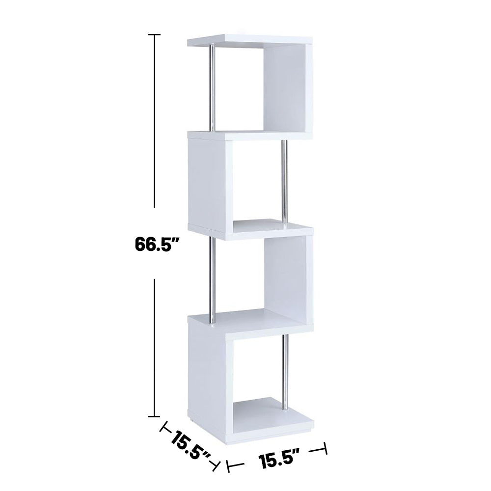 English Elm Rectangular White 4-Shelf Bookcase with Chrome Steel Supports — Modern Compact Tiered Storage for Office Decor B016P164200