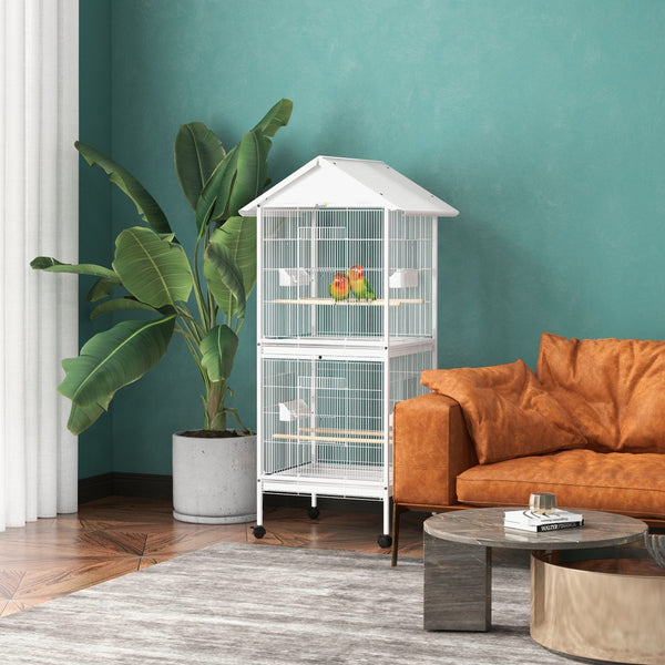 English Elm Pawhut Wrought Iron Flight Bird Cage with Stand Perches Wheels White 67 Inch W2225P166374