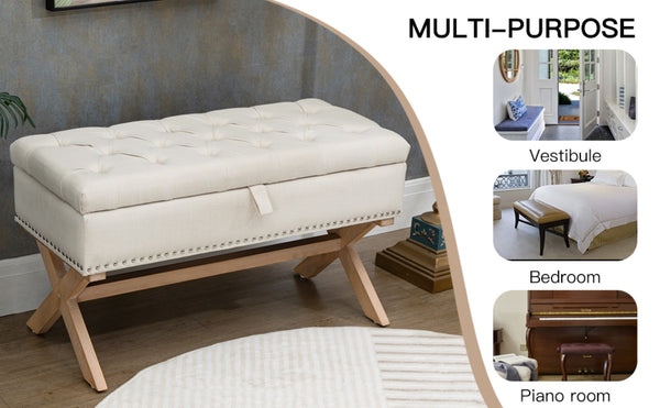 English Elm 35 Inch Button Tufted Linen Upholstered Bench with Lift Top Hidden Storage Compartment W1955121377