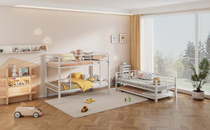 English Elm Metal Triple Twin Bunk Bed with Trundle White – Heavy-Duty Steel Frame, Space-Saving, Guardrails, 78.7"H Antique White GX000647AAK