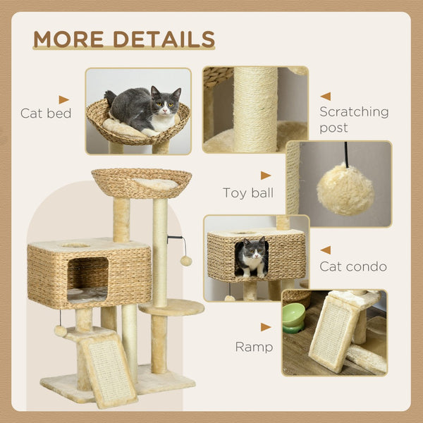 English Elm Pawhut Floor to Ceiling Cat Tower with Sisal Posts Hammock Perch and Hanging Toy W2225P166365