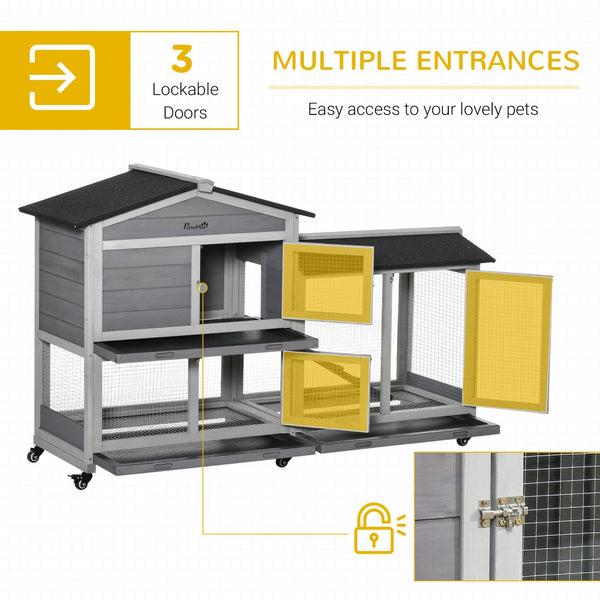 English Elm Pawhut 2-story Wooden Rabbit Hutch Weatherproof Outdoor Run with Ramp and Slide Trays W2225P166397