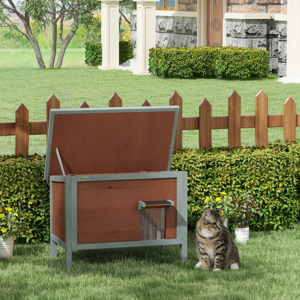 English Elm Pawhut Solid Wood Insulated Outdoor Cat Shelter with Weatherproof Pitched Roof W2225P166372