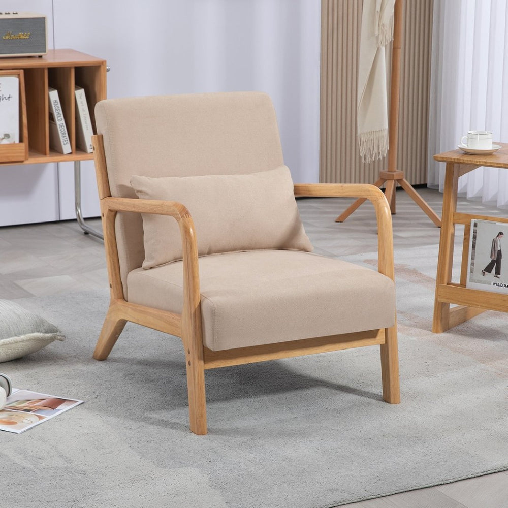 English Elm Leisure Mid-century Accent Chair Solid Wood Frame Linen Upholstered Single Seat Lounge Beige W1955P144518