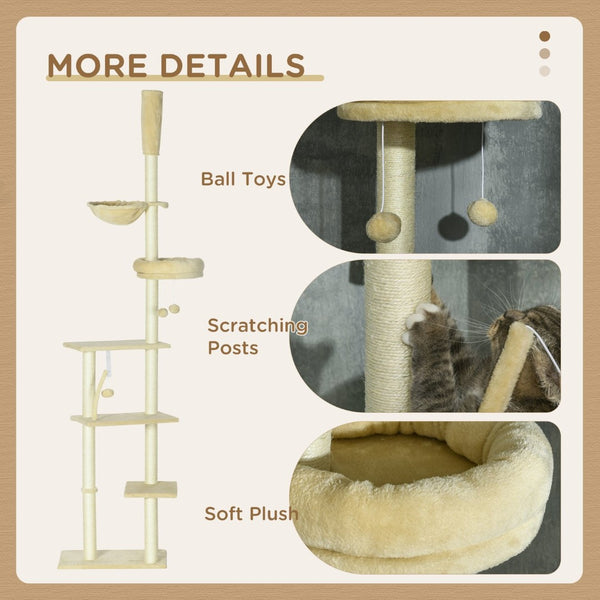 English Elm Pawhut Floor to Ceiling Adjustable Cat Tower with Sisal Posts Hammock and Plush Bed W2225P166369