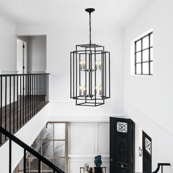 English Elm NEW Black Geometric Foyer Chandelier with Chromium Base, Adjustable 60" Boom for High Ceilings (30.3x18.5) W1340142525