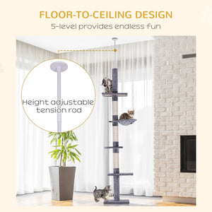 English Elm Pawhut Tension Mounted Floor to Ceiling Cat Tree Five Carpeted Tiers Sisal Posts W2225P166359