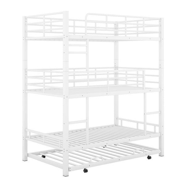 English Elm Metal Triple Twin Bunk Bed with Trundle White – Heavy-Duty Steel Frame, Space-Saving, Guardrails, 78.7"H Antique White GX000647AAK