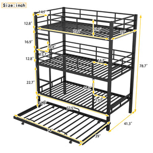English Elm Metal Triple Twin Bunk Bed with Trundle White – Heavy-Duty Steel Frame, Space-Saving, Guardrails, 78.7"H Antique Black GX000647AAB