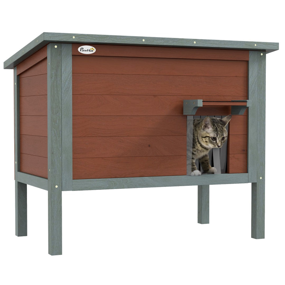 English Elm Pawhut Solid Wood Insulated Outdoor Cat Shelter with Weatherproof Pitched Roof W2225P166372