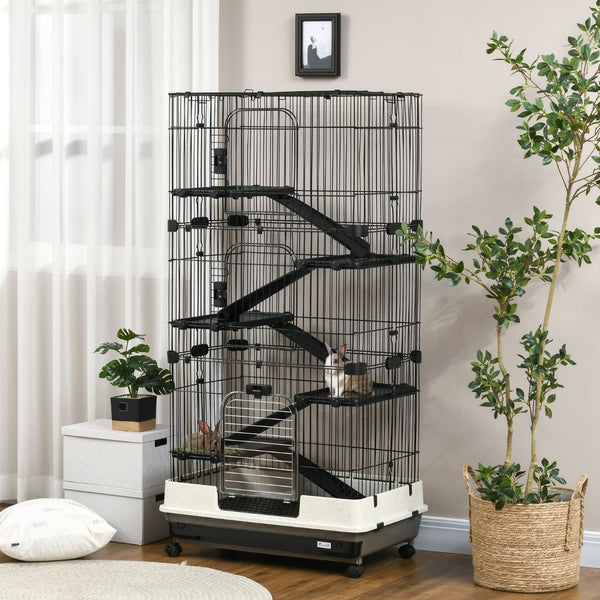 English Elm Pawhut Two Level Indoor Small Animal Hutch with Wheels Ramp and Slide Out Tray W2225P166404