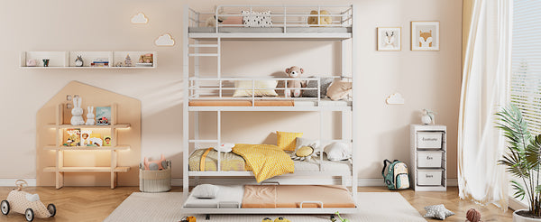 English Elm Metal Triple Twin Bunk Bed with Trundle White – Heavy-Duty Steel Frame, Space-Saving, Guardrails, 78.7"H Antique White GX000647AAK