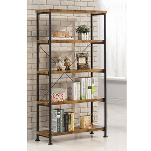 English Elm 5-Shelf Contemporary Tall Bookcase in Antique Nutmeg & Black — Space-Saving 5-Tier Display Shelf Unit for Living Room Office Bedroom Organization and Style B016P164659