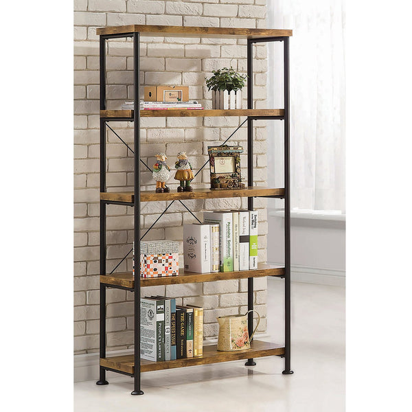 English Elm 5-Shelf Contemporary Tall Bookcase in Antique Nutmeg & Black — Space-Saving 5-Tier Display Shelf Unit for Living Room Office Bedroom Organization and Style B016P164659
