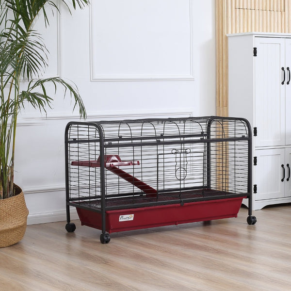 English Elm Pawhut Two Level Ferret Rabbit Enclosure with Rolling Wheels Ramp and Feeder W2225P166406