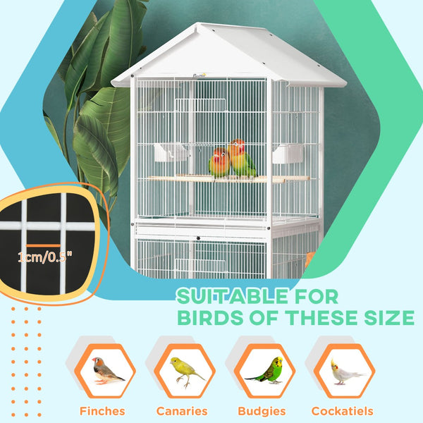 English Elm Pawhut Wrought Iron Flight Bird Cage with Stand Perches Wheels White 67 Inch W2225P166374