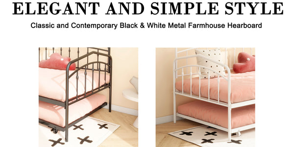 English Elm Fox Twin Daybed with Twin Trundle Metal Frame, Easy-Glide Casters, Anti-Noise Slats, No Box Spring Needed White B083P154255