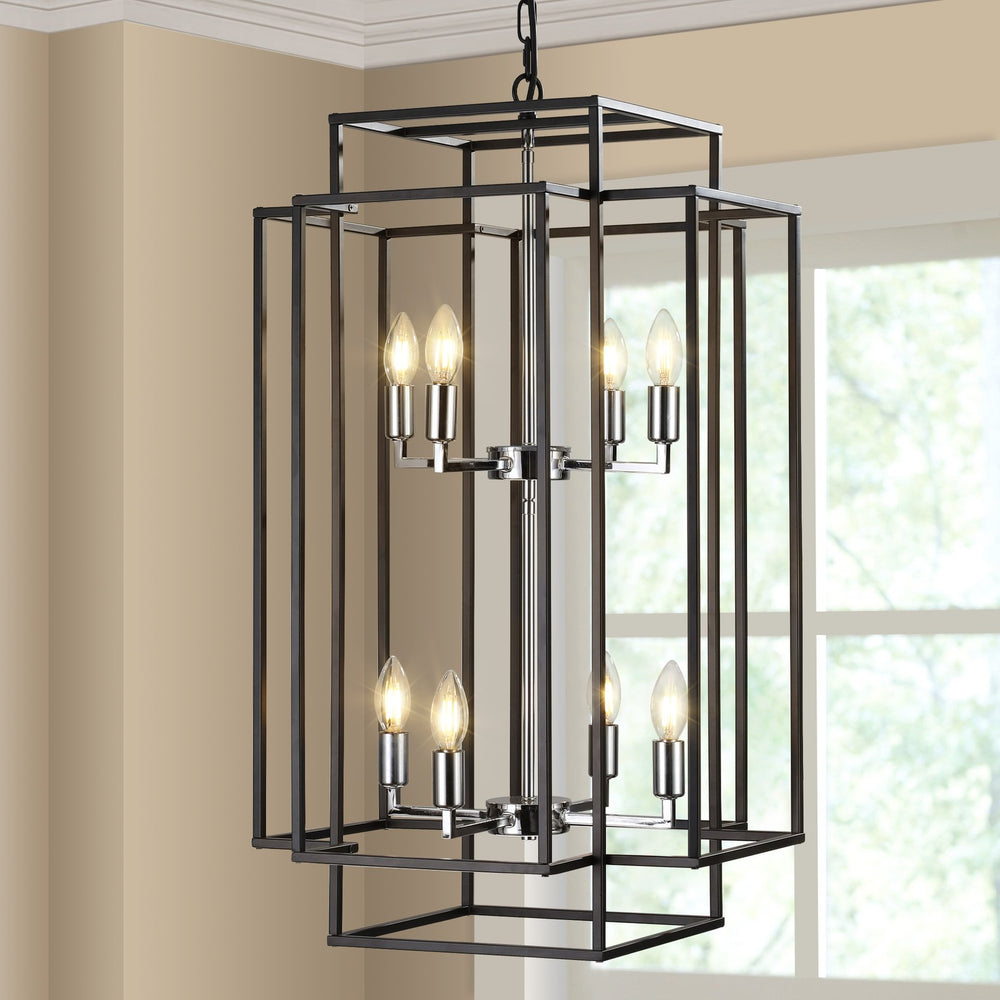 English Elm (Same As W1340142525/L1018-C) 18" Geometric 8-Light Black & Chrome Pendant Chandelier For Modern Spaces W1340P206663