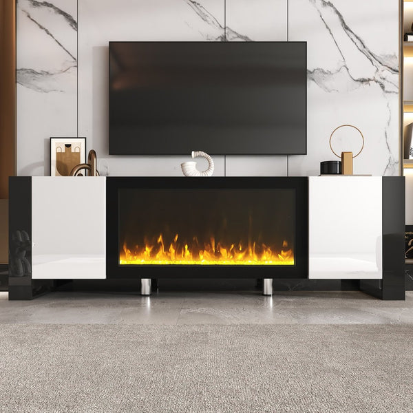 English Elm On-trend Gloss Media Console with Built-in Electric Fireplace for Living Rooms White SD000029AAK