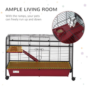 English Elm Pawhut Two Level Ferret Rabbit Enclosure with Rolling Wheels Ramp and Feeder W2225P166406