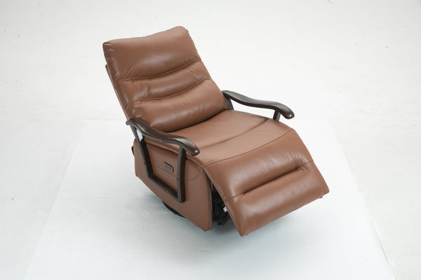 English Elm Swivel Power Recliner with Wood Armrests Faux Leather Lounge Chair for Living Room W547P147307