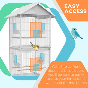 English Elm Pawhut Wrought Iron Flight Bird Cage with Stand Perches Wheels White 67 Inch W2225P166374