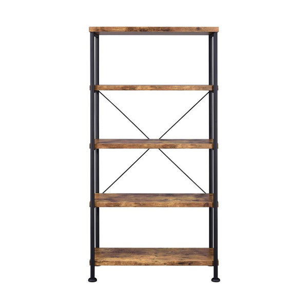 English Elm 5-Shelf Contemporary Tall Bookcase in Antique Nutmeg & Black — Space-Saving 5-Tier Display Shelf Unit for Living Room Office Bedroom Organization and Style B016P164659