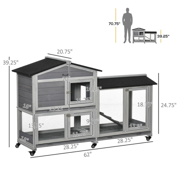 English Elm Pawhut 2-story Wooden Rabbit Hutch Weatherproof Outdoor Run with Ramp and Slide Trays W2225P166397