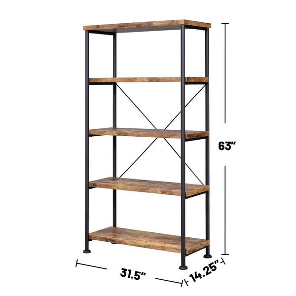 English Elm 5-Shelf Contemporary Tall Bookcase in Antique Nutmeg & Black — Space-Saving 5-Tier Display Shelf Unit for Living Room Office Bedroom Organization and Style B016P164659