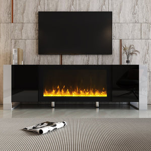 English Elm On-trend Gloss Media Console with Built-in Electric Fireplace for Living Rooms Black SD000029AAB
