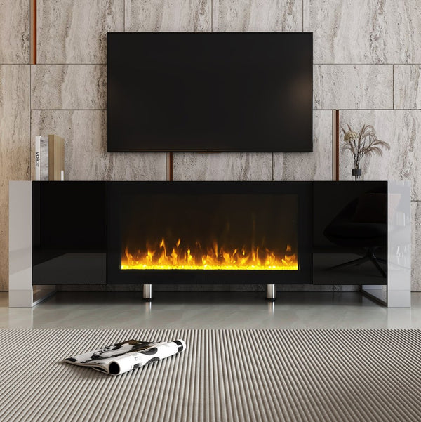 English Elm On-trend Gloss Media Console with Built-in Electric Fireplace for Living Rooms Black SD000029AAB