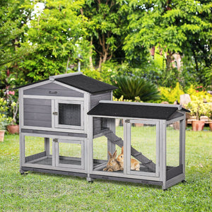 English Elm Pawhut 2-story Wooden Rabbit Hutch Weatherproof Outdoor Run with Ramp and Slide Trays W2225P166397